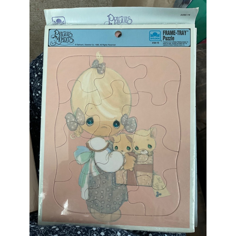 Vintage 1989 Precious Moments Golden Frame-Tray Puzzle Girl with Kittens 4164-15